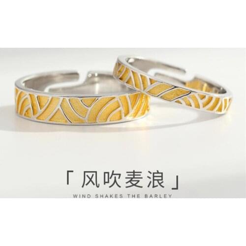 New Original Blowing Wheat Wave 925 Sterling Silver Jewelry Yellow Epoxy Wind Shakes The Barley Opening Couple Rings SR620