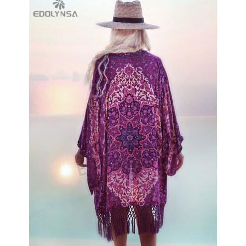 New Arrivals Beach Cover up Floral Romantic Swimwear Ladies Pareo Beach Cape Purple Tassel Beach Dress Chiffon Swimwear #Q149