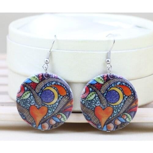 Wholesale lovely colorful patterns with fashion printing drop earrings acrylic new 2014 design cute for girls woman jewelry