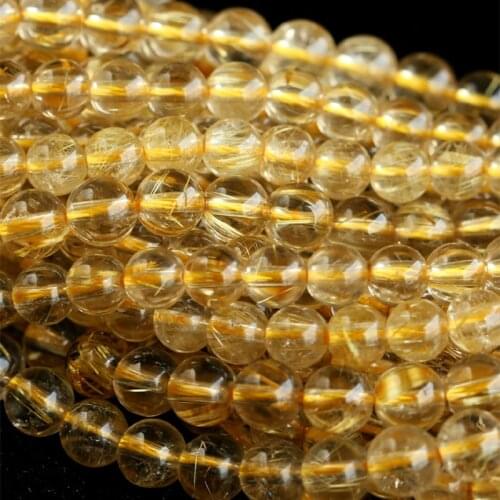 Wholesale Clear Natural Genuine Yellow Gold Hair Rutile Quartz Round Loose Stone Beads 3-18 DIY Necklaces or Bracelets 15" 03809