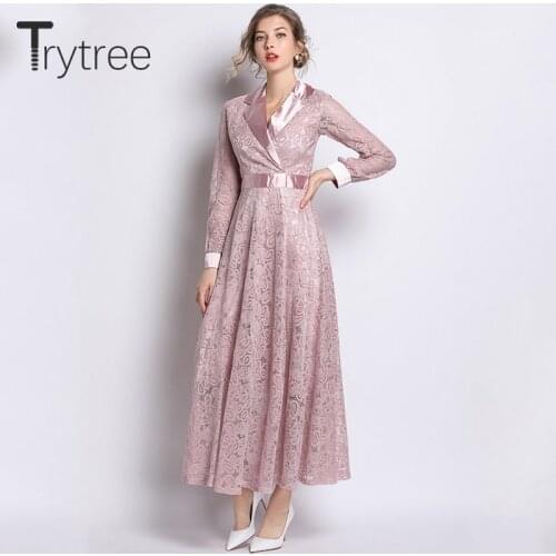 Trytree Autumn Elegant Casual Pink Dress Notched Lace Floral Polyester women dresses Ankle-Length High Street A-line Dress