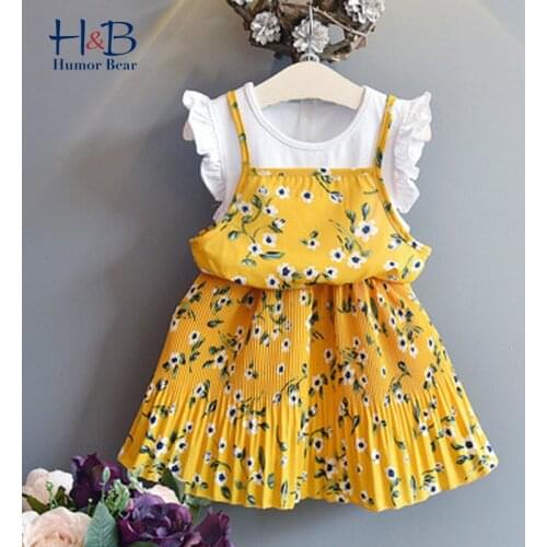 Humor Bear Girls Dress Summer Flying Sleeve Fake Two Piece Floral Printed Sweet Priness Party Dress Toddler clothes