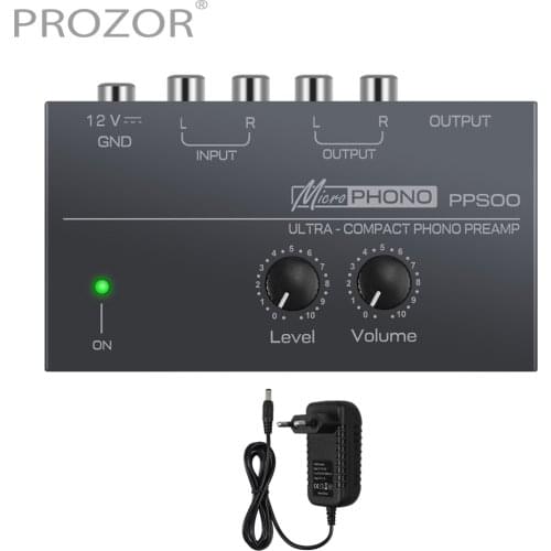 PROZOR Ultra-compact Phono Preamp Amplifier PP500 Preamplifier with Level & Volume Control 2 RCA Input & Output 1/4" TRS Output