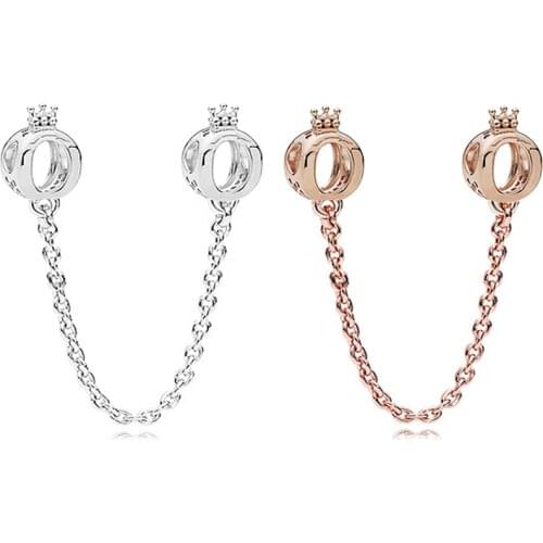 Silver Color O Ring Safety Chain Fit Original Pandora Charms Bracelet DIY Fine Jewelry for Women Rose Crown Circle Stopper Beads