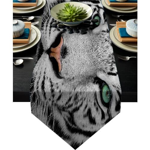 White Tiger Face Green Eyes Tablecloths Decoration Holidays Vintage Wedding Long Table Runner Picnic Dinner Dining Table Place