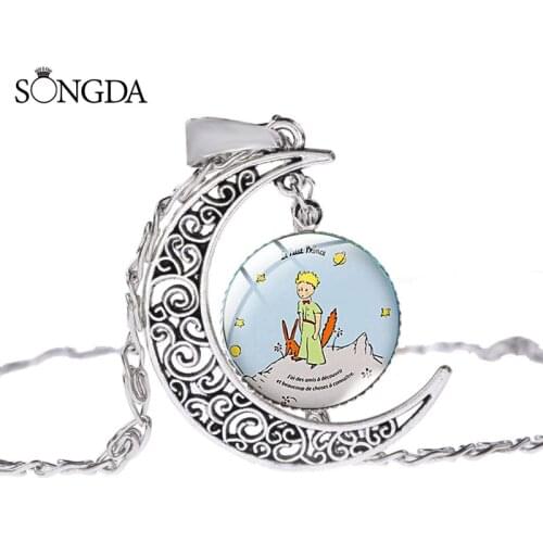 1PC Lovely Cartoon The Little Prince Cartoon Necklace Theme Handicraft Art Photo Glass Dome Crescent Moon Necklaces Pendants