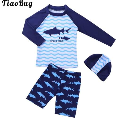 TiaoBug 3Pcs Kids Boys Tankini Long Sleeves Shark Pattern Swimsuit Set Tops With Bottoms Swimming Cap Set Swimwear Bathing Suit