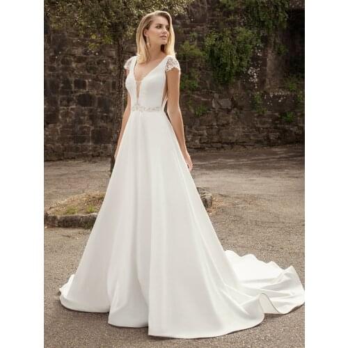 Patchwork Lace Cap Sleeves Tropical Wedding Dress Simple Satin V-Neck 2021 Pearls Backless Plus Size Custom Made Bridal Gown