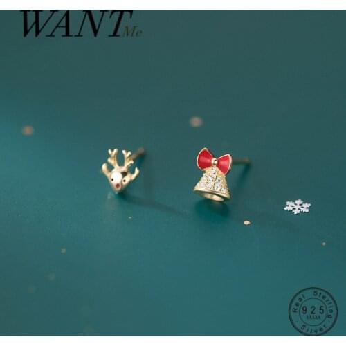 WANTME Cute Sweet Animal Golden Elk Bell Halloween Stud Earrings for Women Real 925 Sterling Silver Party Christmas Jewelry Gift
