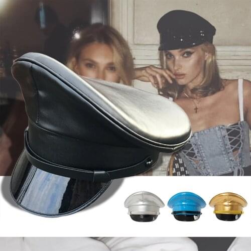 Women PU Leather Captain Cap Prom Performance Big Brimmed Hat Bar Cosplay Show Hat Personality Beret Cap