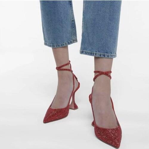 2021 Summer Sexy Diamond Women Sandals Brand Designer Pointed Toe Lace up High Heels Shoes Lady Party Wedding Party Pump Shoes