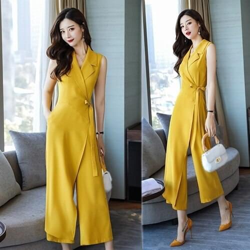 New Fashion Elegant Summer Sleeveless High Elastic Waist Chiffon Wide Leg Pants Office Ladies Work Formal Wear Jumpsuits Female