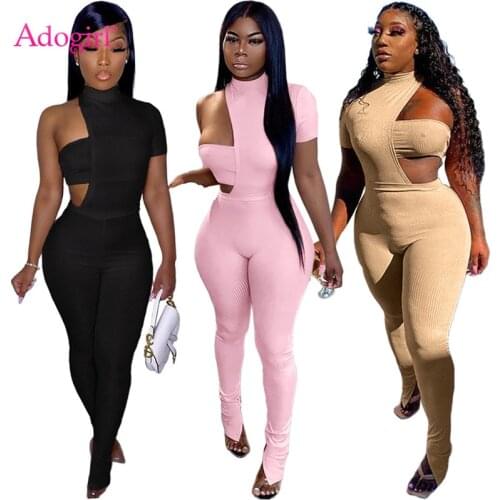 Adogirl Women Knitting Ribbed 3 Piece Set Solid Short Sleeve One Shoulder Bodysuit Tube Top Split Bottom Flare Pants Casual Suit