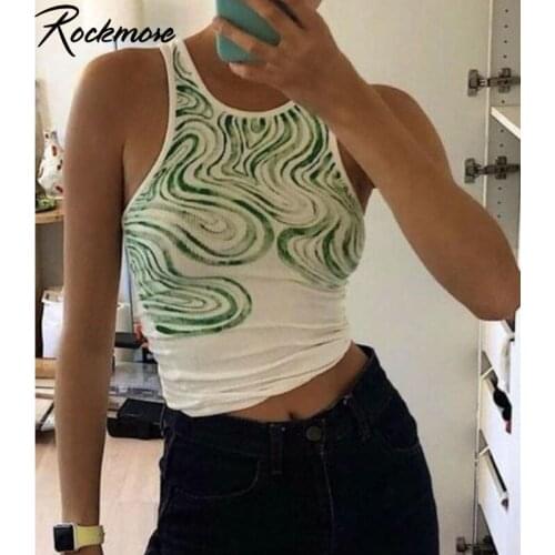 Rockmore Tie Dye Print Knit Crop Top Women Y2K Casual Off Shoulder T Shirt Sexy Sleeveless Tank Tops Summer Party Vest Fashion