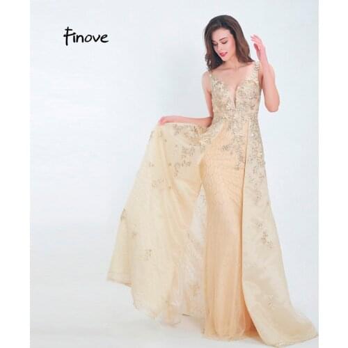 Finove Evening Dress Long 2020 Elegant V Neck Champagne Embroidery Beaded Backless Floor Length For Party Dress Robe de soiree