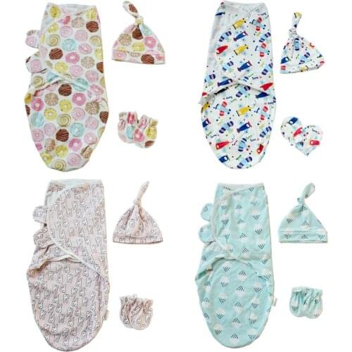1 Set Baby Swaddle + Hat + Gloves Beanie Wrap Bathing Sleeping Bag Diaper Blanket Cartoon Cute Knotted Cap Anti-scratch Gloves