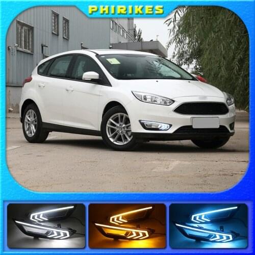 2PCS For Ford Focus 3 mk3 2015 2016 2017 2018 LED DRL daytime running lights daylight with Yellow signal fog lamp