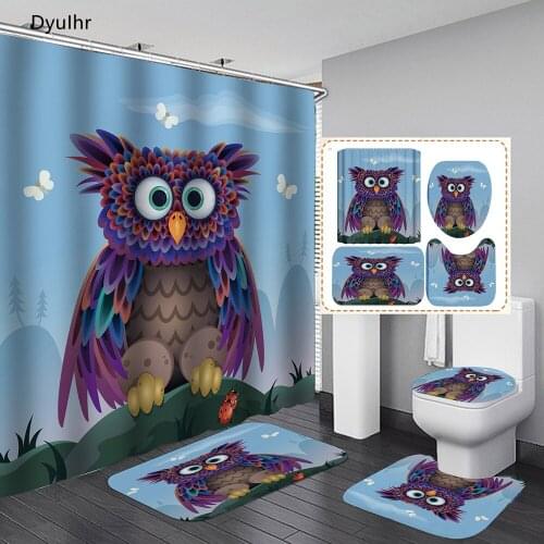 Bathroom Accessories Animal Owl Pug Print Polyester Waterproof Shower Curtain Toilet Seat Mat Floor Mat Bathroom Kit DyuIhr