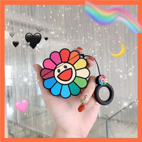For AirPods 2 Case Cute Cartoon Rainbow Smile Sun Flower Earphone Cases For Apple Airpods Cover Funda with Finger Ring Strap