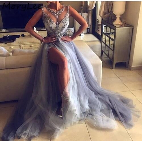 Hot Evening Dresses Strapless A-Line Side Slit Crystal Lace Applique Soft Tulle Evening Dresses vestidos de fiesta de noche