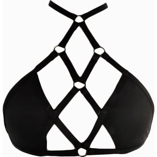 JLX.HARNESS Hollow Bra Women Sexy Lingerie Goth Rave Harness Belt Punk Body Cage Neck Bandage Body Harness Bra Black Adjustable
