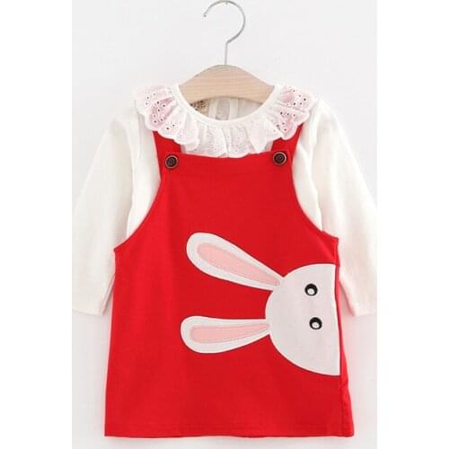 2017 New Baby Infant Clothing Set Girls White Cotton T-shirt+red Cartoon Strap Dress,kids Girl Princess Dresses Suits