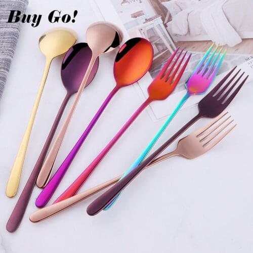 18/10 Stainless Steel Korean Soup Spoon And Fork Set Gold Dinner Spoon Rainbow Dinnerware Spoon Set Long Handle Kitchen Utensils