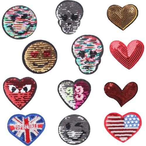 Love Heart Patches Sticker Iron on Clothess Kull Smiley Face Heat Transfer Applique Embroidered Applications Fabric Sequin Patch
