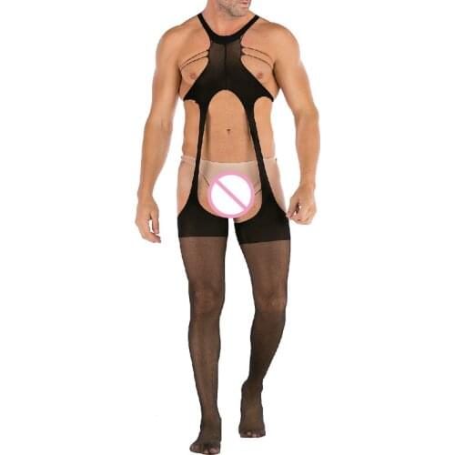 New Mens Sexy Pajama Open Crotch Lingerie Adult Man Jumpsuit Black Bodystockings Male Underwear Exotic Bodysuit Sexy Clothing
