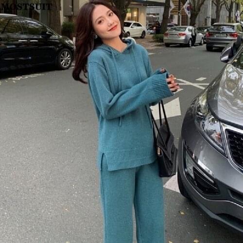 Solid Vintage Knitted Two Piece Pants Set Women Hooded Sweater + Wide Leg Pants Set Loose Elegant Ladies Two Piece Set 2021