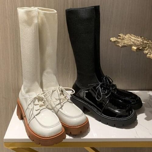 2021 Autumn Winter Thick Heels Knee High Boots Knitted Sock Stretch Boots British Style Long Boot Shoes Woman Chaussure Femme