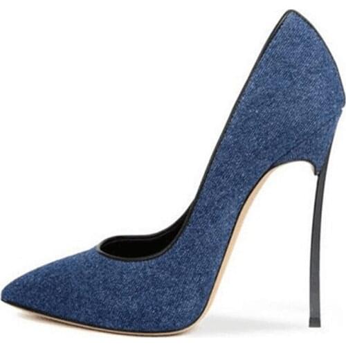 Sexy Women Metallic High Heels Cowboy Shoes Classic Design Pointed Toe Blue Denim Blade Heel Pumps Party Boutique Shoes