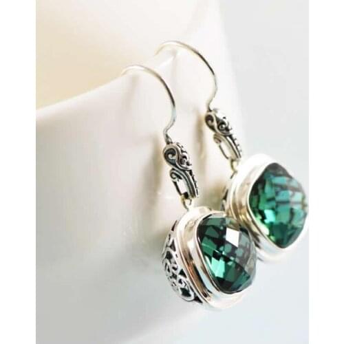 Pure S925 Silver Earrings Natural Green Crystal Dangle Earrings Women Vintage Earrings