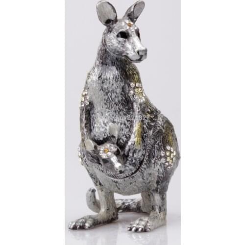 Animal Kangaroo Trinket Box Baby Enameled Painted Rhinestones Magnetic Hinged Jewelry Box