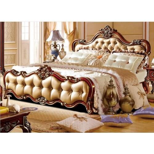 Modern european solid wood bed Fashion Carved leather french bedroom furniture set FEKS008