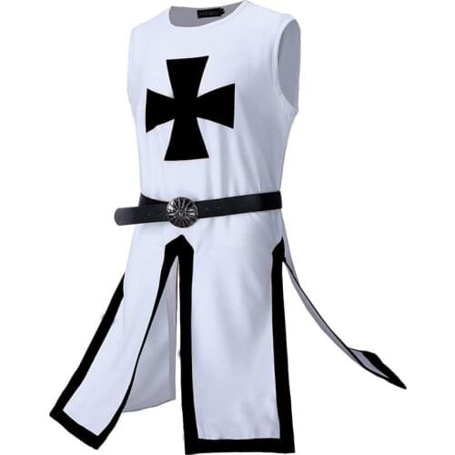 Medieval Renaissance Knight Tops Cosplay Costume Halloween Men Vest Shirt Templar Crusader Tops + Black Belted Suit C55M271