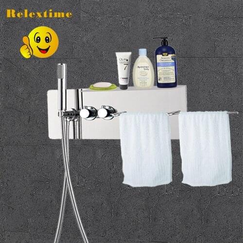 Thermostatic concealed Shower Panel Brass Faucet Four Function Stainless Steel Shower Column with Towel Rack Holder Hanger Shelf