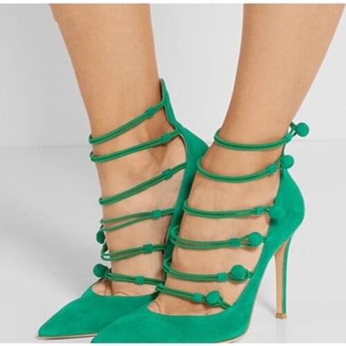 Green Suede Leather Buttons Elastic Pumps Pointed Toe Woman Sexy Stiletto High Heels Ladies Party Dress Thin High-heeled Shoes