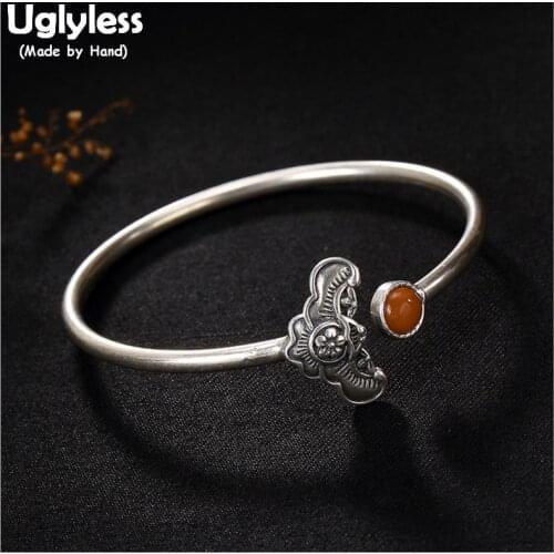 Uglyless Real 925 Sterling Silver Fine Jewelry Tribe Totem Bat Bangles Handmade Engraving Women Ethnic Bangle Agate Bead Bijoux