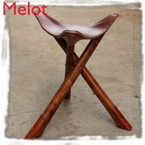 Outdoor Cowhide Folding Stool Triangle Stool Leather Handicraft Retro Leather Maza Portable Fishing Stool Camping Chairs