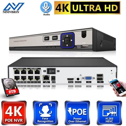 8CH H.265 POE NVR play and plug 48V 802.3af 1080P CCTV NVR video Security Remote view surveillance Onvif P2P Mobile View 2TB HDD