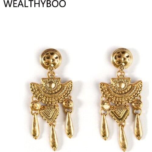 Vintage gold leaf earrings geometry metal Dangle Hollow Earring for Women Geometric Carved Ethnic Earing