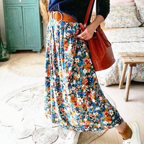 Floral Print Elegant Skirt Women Buttons Bright Colors Long Skirts Chic Casual Large Hem Vintage Skirt jupe longue femme