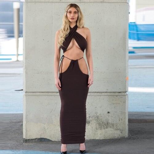Adogirl Halter Women Skirt 2 Piece Set Solid Bandage Cross Tank Top High Waist Maxi Skirt Matching Set Sheer Club Party Vestidos