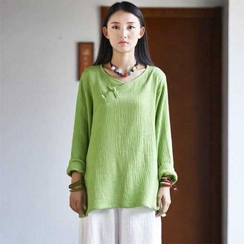 Women Cotton Linen Solid Shirts Loose Soft Blouses 2020 Autumn New V-Neck Long Sleeve Tops Plus Size Women Clothes M-6XL