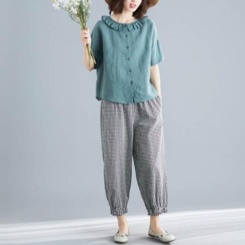Retro Casual Cotton and Linen Two-piece Suit Loose Lantern-sleeve Top Add Harem Pants Suits Summer Clothes for Women 2021 Y750