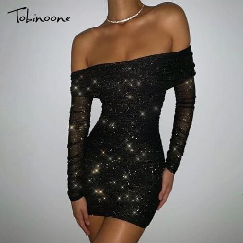 Tobinoone Black Long Sleeve Glitter Sequin Party Women Mesh Dress Off Shoulder Shiny Elegant Night Club 2020 Autumn Mini Dresses