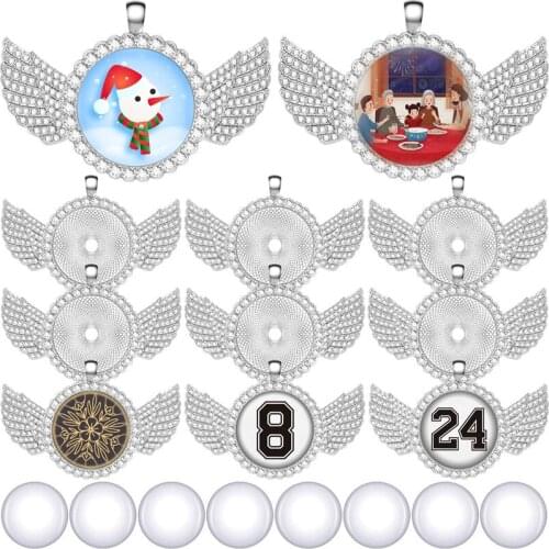 2PCS 30mm Angel Wings Cabochon Pendant Base Jewelry Making Rhinestone Blank Tray For DIY Photo Necklace Keychain Findings Crafts