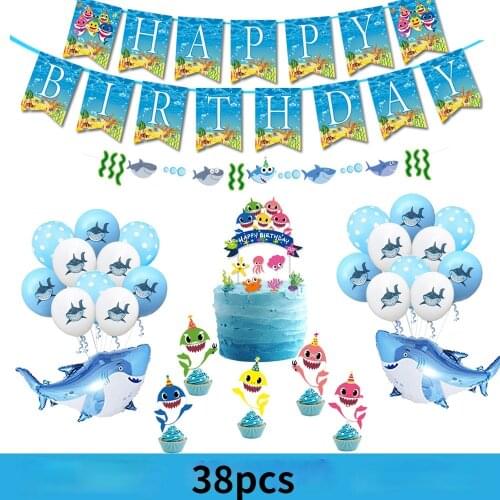38pcs Shark Cake Insert Card Shark Letter Pull Flag Blue Shark Balloon Theme Party Decoration Birthday Decoration