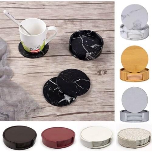 6pcs Creative Marble PU Leather Coaster Drink Coffee Cup Mat Tea Pad Dining Table Placemats Table Black White Chic Decoration